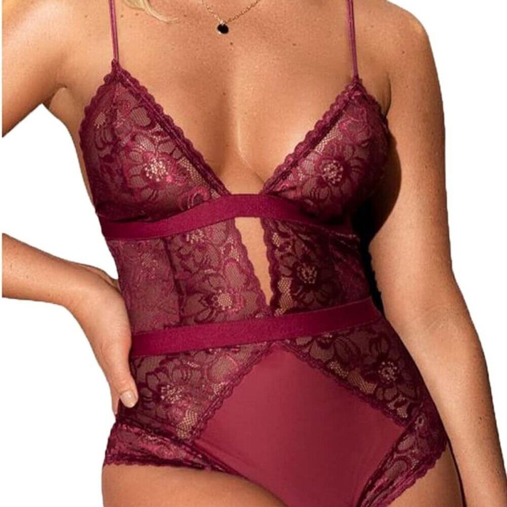 Mapale · Small · Plunge Semisheer Bodysuit · Lace & Mesh · Burgundy